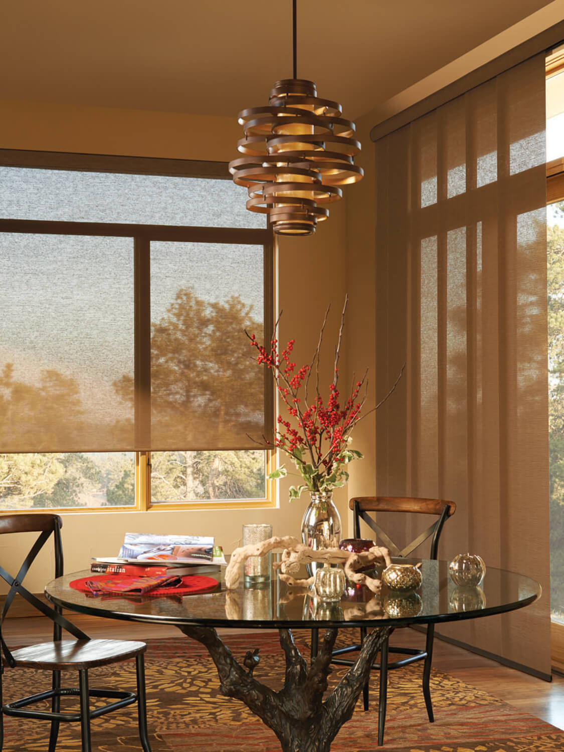 dining room with window shades